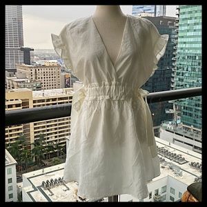 Zara New V-neckline with cinched waist ruffled Sleeve White Babydoll Dress - M